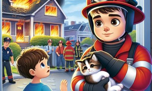 Max, ein mutiger Feuerwehrmann, trägt eine leuchtend rote Uniform und einen großen, glänzenden Helm. Sein Gesicht drückt Entschlossenheit und Mut aus, während er eine kleine Katze in seinen Armen hält und sie aus einem brennenden Gebäude rettet. Neben ihm steht ein etwa 8-jähriger Junge mit zerzausten braunen Haaren und runden, besorgten Augen, der Max bewundernd ansieht. Er trägt ein blaues T-Shirt und Shorts und steht nervös in der Tür des Gebäudes, während er auf die Rückkehr seiner geliebten Katze wartet. Die Szene spielt in einem Wohnviertel, mit einem brennenden Haus im Hintergrund und schwarzen Rauchwolken, die in den blauen Himmel aufsteigen. Neugierige Nachbarn stehen in der Ferne und beobachten die Szene mit erleichterten und hoffnungsvollen Gesichtern. Die Hauptsituation zeigt Max, den Feuerwehrmann, der die kleine Katze aus dem Feuer rettet, während der Junge erleichtert auf die Rückkehr seines geliebten Haustiers wartet.