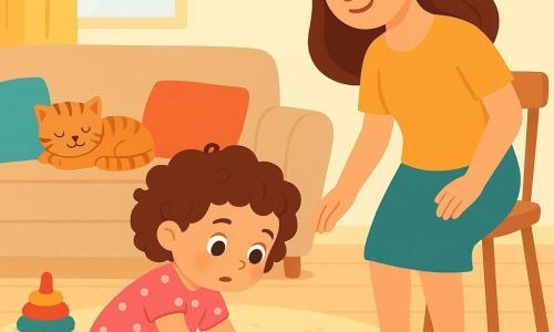 A 2-year-old girl named Mia, with curly hair and sparkling eyes, is kneeling on a soft rug, looking curious and determined. She is wearing a pink polka dot dress and a red sock on one foot, while the other foot is bare. Next to her, her mother, a smiling woman in her 30s with long brown hair, encourages her with a kind look, standing near a wooden chair. The setting is a bright living room, with a plush sofa, toys scattered on the floor, and sunlight streaming through a window. Colorful cushions are spread across the sofa, and a tabby cat is lounging on one of the cushions. Mia is carefully examining the floor, following a small trail of fluff, searching for her lost red sock, full of enthusiasm and concentration.