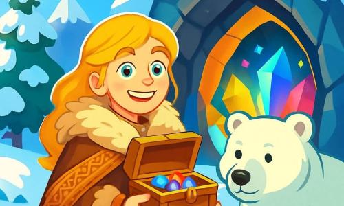 Astrid, uma jovem de cabelos dourados como o trigo, está orgulhosamente diante de uma caverna majestosa, seu rosto iluminado por uma expressão de admiração e determinação. Ela veste um grosso manto de pele com padrões vikings e segura uma pequena caixa de madeira, seus olhos brilhando de alegria. Ao seu lado, um grande urso polar, majestoso e imponente, observa Astrid com curiosidade, seus pelos espessos se misturando à paisagem nevada. A cena acontece na entrada de uma caverna cintilante, cercada por montanhas cobertas de neve e pinheiros brancos. A luz dos cristais dentro da caverna reflete cores na neve, criando uma atmosfera mágica. Astrid, com um sorriso radiante, acaba de descobrir o tesouro perdido de seu povo, uma caixa cheia de relíquias antigas, pronta para compartilhar essa descoberta valiosa com sua família, cheia de esperança e felicidade.