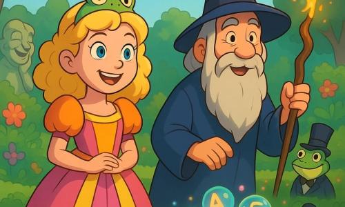 Eine Prinzessin namens Kicherstern, mit einem vor Freude strahlenden Gesicht, trägt ein diademförmiges Frosch auf ihren lockigen blonden Haaren. Sie ist in ein schillerndes, farbenfrohes Kleid gekleidet und steht in einem verzauberten Garten. Neben ihr steht der alte Zauberer Zwirbelbart, ein etwa 70-jähriger Mann mit einem langen weißen Bart und einem spitzen Hut, der einen krummen Zauberstab schwingt. Er steht zu ihrer Rechten und lächelt verschmitzt. Im Hintergrund blubbert ein kleiner magischer Teich mit bunten Blasen, die Worte in Lichtblitze und Frösche in Herren mit Hüten verwandeln. Der Garten ist voller leuchtender Blumen und Statuen, die scheinbar lustige Geheimnisse flüstern. Die Hauptszene zeigt die Prinzessin und den Zauberer, die fasziniert die magischen Verwandlungen des Gartens beobachten.