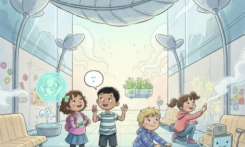 Four children, almost 3 years old: Mila, curly brown hair, small pink backpack, left of group, activating a green-blue electronic bracelet that projects a small interface bubble; Noah, short black hair, striped shirt, slightly center-left, counting on his fingers; Jade, pigtails, holding glowing chalk, crouched right of group drawing light dots on a public drawing wall; Leo, tousled blond hair, small jacket with wheel motifs, front-right, pushing a rolling toy. Setting: a wide futuristic urban passage with soft pastel colors, smooth blue-gray tiled ground, light wood curved benches, metallic flower-stem posts with silver petals, a large pleated canopy suspended between glass towers unfolding like a leaf, a gently sliding modular garden isle, light steam and leaf-pattern dappled shadows. Scene: the children wait under a bright sky as the canopy unfolds; they smile in soft leaf-shaped shade; calm pastel mood, ink-like textures, dotted shadows and playful details (stickers, small fountain, smiling delivery robot).