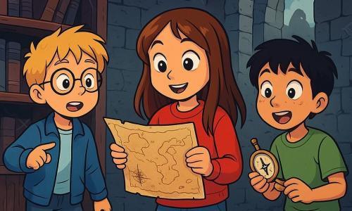 There are 3 characters: Lily, a 10-year-old girl with long brown hair and sparkling eyes, wearing a bright red sweater and jeans, standing in the center holding an old letter, her face lit up with curiosity. Thomas, a 10-year-old boy with messy blonde hair and round glasses, wearing a blue jacket and sneakers, stands to the left of Lily, pointing at a dusty old book on a shelf with an amazed expression. Max, a 10-year-old boy with black hair and freckles, wearing a green t-shirt and shorts, is to the right of Lily, holding an old compass with wide eyes of excitement. The main setting is an ancient, mysterious library inside a crumbling castle, with gray stone walls covered in cobwebs and heavy wooden shelves filled with dusty books. Light filters through broken windows, casting dancing shadows on the worn wooden floor. The main situation shows the three friends discovering a mysterious letter containing an ancient map, surrounded by forgotten books, looking both anxious and excited, ready to solve the mystery awaiting them in this dark and enchanting place.