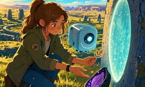 Mira, 12, round-faced with freckles and light brown hair in a ponytail, kneels in a simple khaki jacket and jeans, curiously offering a small dried herbarium leaf as a pale blue matte cube-shaped companion robot with a glowing lens 