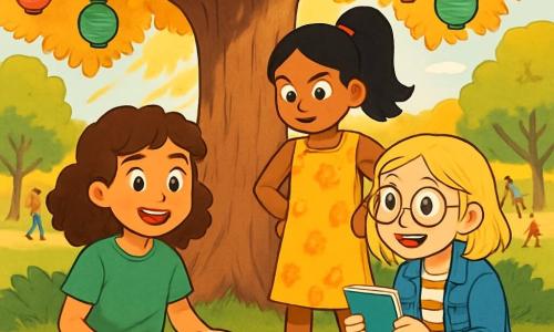 There are 3 characters: Mia, an 11-year-old girl with curly brown hair, wearing a green t-shirt and jeans, sitting on the grass with an open book on her lap and an excited smile; Leila, also 11, with black hair in a ponytail, wearing a yellow floral dress, standing next to Mia with hands on her hips and a determined look; and Zoe, an 11-year-old girl with blonde hair and round glasses, dressed in a denim jacket and striped t-shirt, crouching in front of the others with a small blue notebook, her eyes shining with enthusiasm. The scene takes place in a lush park filled with majestic trees with golden leaves, featuring a large oak in the center where sunlight filters through the branches, creating dancing shadows on the ground. Families are having fun in the background, and colorful lanterns hang from the branches, adding a festive touch. The main situation shows the three friends discovering an old memory notebook under the oak, their faces lit with curiosity and excitement, ready to share their dreams and hopes for the new school year.