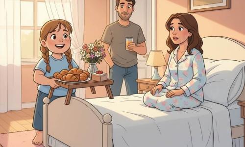 Menina de 10 anos, rosto redondo com sardas, cabelo castanho-claro em duas tranças, sorriso largo e olhos brilhantes, segurando uma grande bandeja de madeira com croissants dourados e uma caixinha de bolo, em pé junto à cama; mãe ~35 anos, cabelo castanho médio, pijama floral pastel, sentada numa grande cama branca com edredom fofo, emocionada e olhando para a filha; pai ~38 anos, barba rala, camiseta casual, segurando um copo de suco de laranja na porta do quarto e sorrindo ao fundo; quarto banhado por luz dourada da manhã, paredes pêssego, tapete rosa fofo, cortinas de tule brancas e pequena mesa com vaso de flores silvestres; cena calorosa e terna: a menina apresenta orgulhosamente o café da manhã com croissants, uma pequena tarte e um buquê, gestos cuidadosos e atmosfera luminosa.