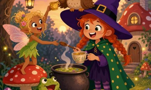 A joyful, mischievous young witch with a purple pointed hat, green cape dotted with yellow, braided red hair and a wide sparkling smile pours steaming herbal tea with a small wooden spoon beside a gently smoking round cauldron; Oliver the round, light-brown owl with big bright eyes perches on the right rim of her hat laughing with little hiccups; Pippa the small, glowing fairy-woman with tousled blond hair and pinkish translucent wings stands on a large red mushroom with white spots on the left, offering a golden teacup to the owl; Bumpy the green, spotted frog sits on a stone before the cauldron with a mischievous look; the scene is a cozy forest clearing at sunset with soft grass, colorful flowers, mushrooms, twinkling yellow fireflies and a mushroom house in the background, warm pastel palette—a snug, enchanted, funny moment after a failed potion as friends share tea, close composition and exaggerated joyful expressions.