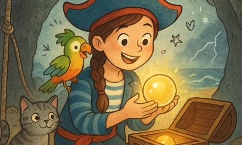 Marina, uma pirata sorridente com trança castanha, chapéu largo vermelho e azul e jaqueta listrada de lona, ajoelhada diante de um baú aberto e segurando uma grande Pérola Dourada brilhante que lança reflexos dourados quentes no seu rosto; Pipo, um papagaio macho colorido (verde, amarelo e vermelho) pousado no ombro direito, batendo asas e rindo olhando para a pérola; Miau, um gato marinheiro macho pequeno e cinza, sentado numa corda de mastro à esquerda com a pata no bordo do baú; caverna rochosa escura de paredes molhadas e pequenas estalactites, com abertura para uma praia dourada com ondas agitados e relâmpagos ao longe, chão arenoso molhado e conchas cintilantes ao redor do baú; cena principal: descoberta mágica da Pérola Dourada num baú escondido atrás de uma grande pedra, abrigo acolhedor contrastando com a tempestade exterior; cores quentes ao redor da pérola e tons azul‑cinzentos para a tempestade; estilo com traços suaves e arredondados, cores vivas e contrastantes, texturas de lona e madeira visíveis, luz focada na pérola e sobreposição de pequenos doodles (estrelas, ondas, corações) em torno das personagens.