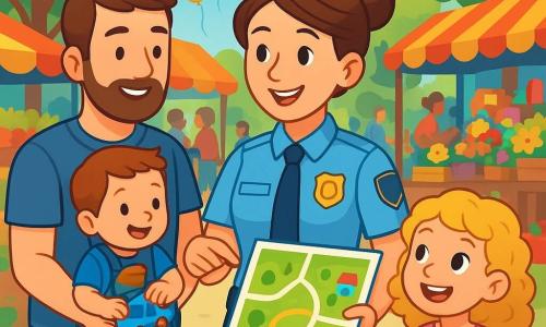 Uśmiechnięta policjantka, Anna, stoi w centrum sceny, ubrana w jasnoniebieski mundur z czarnym pasem. Ma brązowe włosy związane w kok i błyszczące, życzliwe oczy. Pokazuje kolorową mapę rodzinie, z przyjaznym i uspokajającym wyrazem twarzy.

Po jej prawej stronie stoi mała dziewczynka imieniem Lena, około 6 lat, z kręconymi blond włosami i różową sukienką, która z ciekawością przygląda się mapie, a jej oczy błyszczą z ekscytacji. Po lewej stronie jej ojciec, mężczyzna w wieku około trzydziestu lat, z brązową brodą i niebieską koszulką, trzyma małego chłopca, Janeka, który ma około 2 lata, w nosidełku. Janek, z kasztanowymi włosami, uśmiecha się, bawiąc się zabawką w kształcie samochodu.

Scena rozgrywa się na tętniącym życiem rynku, pełnym kolorowych stoisk sprzedających owoce, kwiaty i zabawki. Ludzie poruszają się radośnie, balony unoszą się w powietrzu, a zielone drzewa otaczają ścieżkę.

Anna pomaga rodzinie znaleźć drogę, entuzjastycznie tłumacząc, jak dotrzeć do biblioteki i placu zabaw. Atmosfera jest radosna i gościnna, pełna żywych kolorów i uśmiechów.