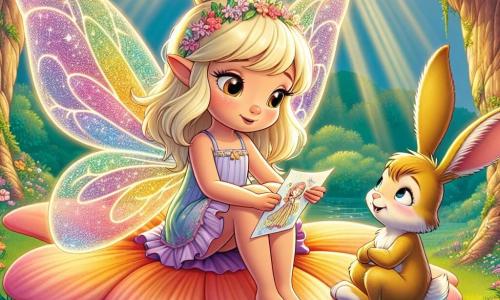 Lila, uma pequena fada com asas cintilantes e coloridas, está sentada em uma grande flor, seu rosto expressando uma doce melancolia. Seus cabelos dourados flutuam ao seu redor, e ela segura um desenho de sua família, com um sorriso tímido nos lábios. Ao seu lado, Bino, um coelhinho travesso com grandes orelhas e pelagem macia, a observa com olhos reconfortantes, exibindo um sorriso encorajador. Ele está sentado na grama verde, pronto para ouvi-la. O cenário é um magnífico bosque encantado, cheio de flores vibrantes, grandes árvores com troncos retorcidos e raios de sol filtrando pelas folhas, criando uma atmosfera acolhedora e mágica. A situação principal mostra Lila compartilhando seus sentimentos com Bino, enquanto eles se sentam juntos neste lugar pacífico, ilustrando um momento de apoio e amizade diante das mudanças da vida.