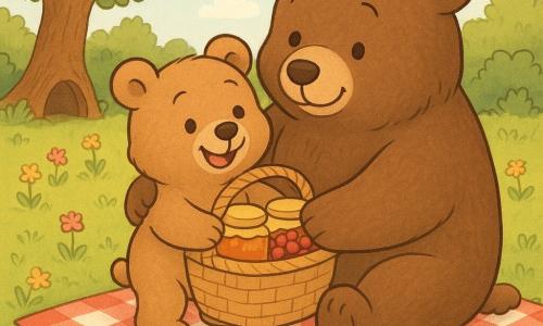 Benny, a small light-brown teddy bear looking joyful and proud with shiny round eyes and a big smile, holds a wicker picnic basket filled with honey jars and red berries; Papa Bear, a large dark-brown soft-furred bear, looks tender and moved, hugging Benny and smiling at the basket while slightly leaning toward him; the sunny forest clearing background shows green grass, colorful wildflowers, a big oak and a small wooden den, and the scene is a surprise Father's Day picnic with warm sunlight, a red-and-white checkered cloth, shiny honey jars and a small colorful kit with a feather and heart-shaped leaf nearby; style: soft colors, rounded outlines, visible fur textures, very readable expressions and composition centered on the father-son embrace.