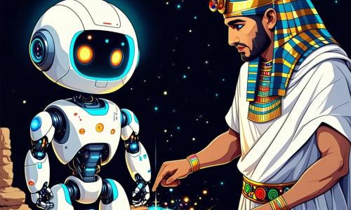 Na środku obrazu znajduje się mały robot o imieniu Biper, z błyszczącym metalowym ciałem i świecącymi oczami, wyrażający wielką ciekawość i zdumienie. Eksploruje maszynę do podróży w czasie, otoczoną kolorowymi przyciskami i migoczącymi światłami. Po jego prawej stronie stoi starożytny Egipcjanin w białej lnianej tunice i nakryciu głowy w kształcie węża, uśmiechając się przyjaźnie do Biper i trzymając narzędzie budowlane w ręku. Po lewej stronie znajduje się średniowieczny rycerz w lśniącej zbroi, zdeterminowany, obserwujący scenę z zainteresowaniem, z mieczem u pasa. Tło to mieszanka różnych epok: w oddali widać majestatyczne piramidy pod jasnoniebieskim niebem, a z przodu rysuje się średniowieczny zamek. Główna sytuacja pokazuje Biper, zdumionego, gotowego do aktywacji przycisku „Podróż w czasie”, podczas gdy postacie historyczne entuzjastycznie go zachęcają, tworząc atmosferę przygody i odkrycia.