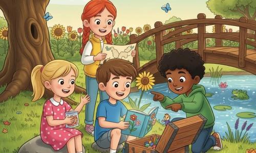 Vier kinderen van 9 jaar: Sam, korte bruin haar, blauw t-shirt, knieën geschuurd, hurkt voor een kleine houten kist onder een houten wandelbrug en houdt een kleurrijk natuurboek vast; Emma, blond paardenstaart, roze stippenjurk, zit links op een steen, glimlacht en deelt een zak snoep; Noah, zwart krullend haar, groen sweatshirt, staat rechts, gebogen over de kist en toont een plastic figurine; Lotte, rood gevlochten haar, geel vest, staat achter Sam en steekt een handgetekende schatkaart omhoog terwijl ze naar een bloem bij de kist wijst. Locatie: helder lentepark met groen gras en paardebloemen, een grote eik links, bont bloemenperk met zonnebloemen, tulpen en lavendel achteraan, en een eenvoudige houten brug over een vijver met waterlelies en springende kikkers. Situatie: de vier ontdekken een oud kistje onder de brug en houden meteen een klein picknickje met snoepjes, kleurpotloden en het glanzende geïllustreerde natuurboek; sfeer: zachte late ochtendlicht, blauwe vlinders, scherpe schaduwen, verzadigde kleuren en blije nieuwsgierige gezichten.