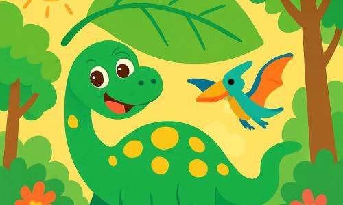 Un diplodocus numit Didi, cu o piele verde strălucitoare și pete mari galbene, stă vesel sub o frunză imensă, cu coada lungă ondulându-se în spate. Didi are ochi mari și strălucitori, plini de curiozitate, și zâmbește larg, pregătit să descopere ceva nou. Alături de el, un pterodactil mic, cu aripi colorate în nuanțe de albastru și portocaliu, zboară vesel, făcând cercuri în jurul lui. Pădurea din jur este plină de copaci înalți, cu frunze verzi și flori colorate, iar razele soarelui străbat printre crengile lor. Didi se pregătește să pornească într-o aventură, plin de entuziasm, în căutarea unei comori ascunse în pădure.