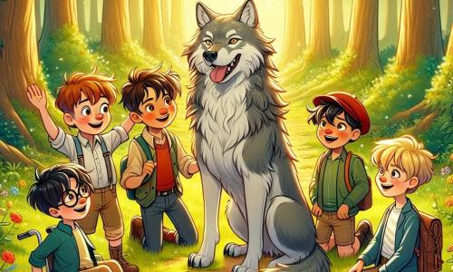 In einer verzauberten Lichtung stehen fünf Jungen im Kreis um einen majestätischen grauen Wolf. Lukas, 10 Jahre alt mit zerzausten braunen Haaren und funkelnden Augen, steht vorne mit offenen Armen und einem mutigen Lächeln. Max, 9 Jahre alt mit blonden Haaren und runden Brillen, steht etwas im Hintergrund und hält eine Karte in den Händen, neugierig und aufmerksam. Tom, 11 Jahre alt mit schwarzen Haaren und einer roten Mütze, steht rechts von Lukas mit verschränkten Armen und einem entschlossenen Gesichtsausdruck. Ben, 10 Jahre alt mit kastanienbraunen Haaren und Sommersprossen, steht links von Max und beobachtet den Wolf mit staunenden Augen. Jonas, 12 Jahre alt im Rollstuhl, sitzt hinter der Gruppe und lächelt den Wolf freundlich an. Die Lichtung ist von hohen Bäumen mit leuchtend grünen Blättern umgeben und wird vom goldenen Licht der untergehenden Sonne beleuchtet. Bunte Blumen schmücken den Boden und verleihen der Atmosphäre einen Hauch von Magie. In der Mitte sitzt der große Wolf mit seinem grauen Fell und leuchtenden Augen ruhig da und scheint den Jungen zuzuhören. Die Luft ist von einer sanften Spannung erfüllt, während die Kinder bereit sind, das Geheimnis des Wolfs zu entdecken – ein Moment der Begegnung zwischen Freundschaft und Natur.