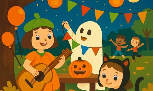 Er zijn 3 personages: - Lila: een meisje van 7 jaar, verkleed als pompoen met een oranje jurk en een groene hoed. Ze glimlacht vrolijk terwijl ze een grote mandoline vol ballonnen vasthoudt. - Noor: een meisje van 6 jaar, verkleed als klein spook met een wit laken en getekende zwarte ogen. Ze hangt kleurrijke slingers aan een grote tak. - Fien: een meisje van 7 jaar, verkleed als zwarte kat met puntige oren en een staart. Ze zit op de grond bij de tafel en plakt nepspinnenwebben op een klein lampion. De scène speelt zich af in een nachtelijk park onder een grote boom met gouden bladeren die glinsteren in het licht van de lampionnen. De grond is bedekt met herfstbladeren en er zweven oranje ballonnen om hen heen. Op de achtergrond lachen en spelen kinderen terwijl de maan straalt in een sterrenhemel. De hoofdscène toont de drie vriendinnen die hun Halloween-stand voorbereiden, omringd door kleurrijke versieringen. Ze hebben plezier met het creëren van een feestelijke sfeer, met gelach en blije gebaren, terwijl een nieuwsgierige kat hen observeert.