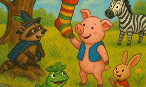 Pipo el cerdito, prudente y sonriente, rosa con manchas de barro y un chaleco azul, estira la pata para coger un gran calcetín a rayas colgado de una rama baja de un roble; Rulo el mapache, con capa y un sombrero con pluma, lo observa maravillado desde una raíz; Celi la cebra, al fondo a la derecha, ríe suavemente; Rita la rana verde, con un sombrero de hojas, salta sobre una piedra junto a un arroyo; Bruno el conejo, de orejas largas y zapatos distintos, aplaude dando saltitos detrás de Pipo; escena en una pradera soleada con hierba alta, flores amarillas, piedras y un arroyo brillante, ambiente alegre y colores vivos, estilo de pintura acrílica.