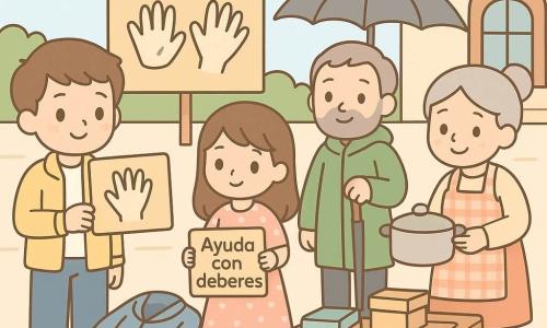 Niño de 10 años, expresión dulce y orgullosa, pelo corto castaño y pecas, chaqueta amarillo claro y vaqueros, sostiene una libreta azul y un cartel de cartón con dibujos de manos; niña Lucía, ~9 años, sonrisa tímida, vestido rosa con lunares, sujeta una etiqueta «Ayuda con deberes» junto a una mesa; hombre, señor Paco, ~50 años, perilla gris, impermeable verde y paraguas abierto junto a la entrada del colegio; mujer, señora Rosa, ~60 años, pelo gris recogido, delantal a cuadros, sostiene una gran olla humeante junto a una mesa de reparto; decorado: patio escolar soleado con suelo de losetas claras, mesas de madera con abrigos, libros y cajas de comida, banderolas y un gran panel de cartón en la entrada; escena principal: intercambio y solidaridad, niños y vecinos depositan y toman objetos con gestos respetuosos, ambiente cálido, colores pastel, formas simples y rostros redondeados y expresivos.
