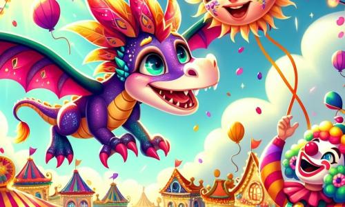 Un giovane drago dalle squame scintillanti e dai colori vivaci, con occhi pieni di curiosità e un ampio sorriso, si libra in aria, tenendo una bellissima maschera decorata con piume e specchi. Sembra meravigliato dai colori vivaci che lo circondano. Accanto a lui, un personaggio leggendario del carnevale, un clown gioioso dai capelli multicolori e dal viso dipinto di sorrisi, balla con entusiasmo, con le braccia aperte e lo sguardo scintillante di gioia. Si trova proprio sotto il drago, alzando le braccia verso di lui ridendo. Lo sfondo è una piazza animata del villaggio di Arcobaleno, adornata con ghirlande luminose, bancarelle colorate e personaggi festosi. Fiori giganti e palloncini fluttuano nell'aria, mentre i bambini ridono e danzano attorno a loro. La scena principale mostra il drago e il clown che celebrano insieme, circondati dalla magia del carnevale, creando un'atmosfera di gioia e meraviglia, dove amicizia e avventura si incontrano sotto un cielo soleggiato.