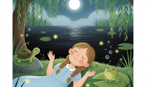 A serene, smiling 10-year-old girl with light brown hair in two braids, wearing a pale blue cotton dress, lies on a green moss rug with eyes half-closed and palms up; a small olive turtle with a shiny shell sits near her left shoulder on a mossy stone, and a round green frog floats on a lily pad to her right with silver bubbles nearby; the setting is a magical night swamp—dark shimmering water, round lily pads, low silver mist, tall grasses and a weeping willow curtain, the full moon reflected on the water and yellow fireflies around—she relaxes to sleep while the animals watch, creating a gentle, calm atmosphere.