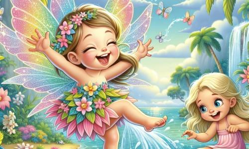 A little fairy named Faye, with shimmering rainbow-colored wings, joyfully flies above a magical oasis, her face glowing with happiness and excitement. She wears a dress made of flower petals and smiles at Lila. Lila, a six-year-old girl with long silky hair and sparkling curious eyes, sits at the edge of the oasis with her feet in the water, laughing and splashing, her cheeks flushed with enthusiasm. The oasis is surrounded by majestic palm trees and colorful flowers dancing in the breeze. The sky is a bright blue, dotted with fluffy white clouds, and the sun shines brightly, making the water sparkle like diamonds. The main scene shows Faye and Lila having fun together, splashing water and laughing, creating a joyful and magical atmosphere in this enchanting place.