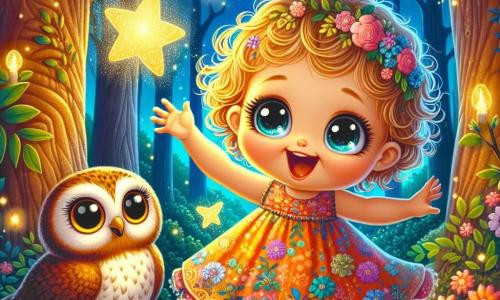 A one-year-old girl with bright, big eyes and curly golden hair gazes in wonder at a sparkling star floating before her. She wears a colorful dress with floral patterns and smiles joyfully, arms open as if she wants to catch the star. Beside her, a wise and friendly owl with round eyes and brown feathers perches on a branch, looking at the girl with curiosity, ready to help her on her adventure. The setting is a magical forest filled with colorful tree trunks and shiny leaves. Fireflies dance around them, illuminating the path with a soft golden light, while a sparkling stream flows nearby, reflecting the stars in the sky. The main scene shows the girl and the owl preparing to soar together into the starry sky, where the sparkling star awaits them for an adventure full of laughter and discoveries.