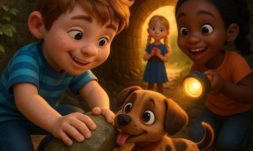 A 10-year-old boy with a round freckled face and tousled light brown hair, determined and relieved smile, wearing a striped blue T-shirt and jeans, crouches and gently pushes a stone to free a small brown-spotted puppy; behind him stands a ~9-year-old girl (Mia) with black hair in a ponytail, excited and encouraging, holding an orange flashlight that illuminates the scene, while an ~8-year-old girl (the owner) with braided blonde hair watches at the tunnel entrance, worried then joyful, clutching a small red necklace. The puppy is small with wet, wide eyes, wagging its tail and licking the boy's hand. Location: moss-covered stone fort with a low vaulted dark tunnel, fallen rocks and damp footprints, golden sunset light filtering in. Moment: the puppy's release, tight composition on the characters, warm emotions, saturated colors and soft textures, contrast between the tunnel shadow and warm exterior light, reassuring adventurous atmosphere. Style: 3D animated film render, cute expressive characters, rounded volumes, detailed textures (stone, moss, fur), warm contrasting palette and cinematic depth of field.