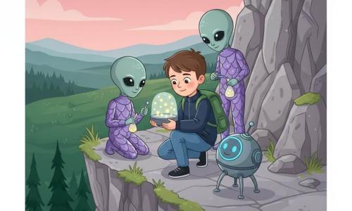 A shy smiling 12-year-old boy with short brown hair and hazel eyes, wearing a navy jacket and green backpack, crouches on a narrow cliffside trail holding a small dome lamp with moving lights and gazes at it in wonder; three child-sized gray-green smooth-skinned aliens with large black eyes and iridescent scale-like suits form a circle around him, each holding a small shiny tool or a pouch of glowing marbles and gently stabilizing the lights while a small round three-legged beacon robot with a blue glowing ring clicks and watches; the rocky cliff has textured gray stones, dark pines below, a deep green valley and a pink-blue twilight sky, with grasses and moss between rocks; the scene is calm, warm and slightly magical with soft lamp light illuminating faces and costumes; color palette: pastel sky, deep greens, stone grays, cyan and gold accents, clean lines, simple shapes and flat contrasts for a childlike rendering.