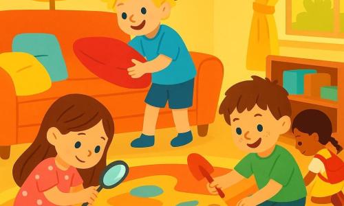 There are 4 children: Mia, a 4-year-old girl with long brown hair and sparkling eyes, wearing a pink polka dot dress and holding a magnifying glass, carefully looking at the ground; Sam, a 4-year-old boy with messy blonde hair and a mischievous smile, wearing a blue t-shirt and a little explorer hat, rummaging under a couch cushion; Leo, a 4-year-old boy with brown hair and freckles on his nose, dressed in a green t-shirt and shorts, digging in the sand with a small shovel; and Noor, a 4-year-old girl with braided black hair and curious eyes, wearing a yellow overall and holding a small backpack, searching under a shelf. The setting is a warm and colorful living room with a large plush couch, a soft rug with bright patterns, and scattered toys. Cushions of various sizes are stacked like soft mountains, and golden light filters through the curtains. The main scene shows the four children on an adventure, searching for hidden puzzle pieces in their living room. They are all focused and smiling, each exploring a different corner, surrounded by vibrant colors and a joyful atmosphere.
