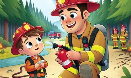 Un bombero llamado Pablo está en el centro de la imagen, con una gran sonrisa en su rostro, mostrando su determinación y coraje. Lleva un casco rojo brillante y un traje de bombero amarillo con bandas reflectantes. Sus ojos brillan de entusiasmo mientras explica a un joven de unos 8 años, Martín, que lo mira con admiración, sosteniendo un pequeño extintor de plástico. La escena tiene lugar en un amplio bosque, rodeado de árboles verdes, donde hay huellas de humo en el aire. El suelo está cubierto de hojas y ramitas, y a lo lejos se ve un camión de bomberos rojo estacionado, listo para intervenir. Pablo comparte consejos sobre la lucha contra incendios con Martín, quien está cautivado por las historias de valentía y trabajo en equipo, mientras otros bomberos organizan su equipo a su alrededor.
