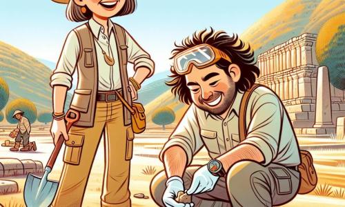 Ava, een dertigjarige vrouwelijke archeoloog, staat op een stoffig veld in Turkije met een grote glimlach van opwinding op haar gezicht. Ze draagt een strohoed, een beige lange mouwen shirt en een cargo broek, en houdt een kleine schep in haar rechterhand terwijl ze een stuk klei in haar linkerhand bekijkt. Naast haar zit een twintigjarige jongeman, haar collega, met rommelig bruin haar en een veiligheidsbril. Hij zit gehurkt en maakt voorzichtig een fragment van een aardewerk schoon met een penseel, geconcentreerd en verwonderd door zijn ontdekking. De locatie is een uitgestrekte archeologische site, omgeven door groene heuvels en oude bomen, met oude stenen ruïnes die uit de grond oprijzen, verlicht door het gouden zonlicht. De hoofdscene toont Ava en haar collega die verborgen schatten in de grond ontdekken, met vreugde op hun gezichten, terwijl ze oude voorwerpen blootleggen die het verhaal van de Hettieten vertellen.