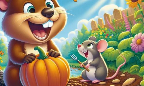 Benny the beaver, with his brown fur and big joyful smile, is planting pumpkin seeds in a sunny garden. His eyes sparkle with excitement and his little tail is raised, showing his enthusiasm. Next to him, Mabel the mouse, with her gray fur and large curious ears, holds a small shovel and laughs while looking at Benny, her eyes shining with joy. She is squatting beside him, surrounded by colorful flowers and green vegetables. The garden is vibrant, filled with neatly arranged rows of vegetables, bright flowers, and a clear blue sky dotted with fluffy white clouds. Butterflies flutter around, adding a touch of magic to the scene. Benny and Mabel are having fun planting seeds, laughing and sharing stories while enjoying the warmth of the summer sun.