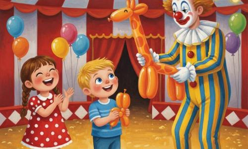 A 2-year-old chubby blond boy Timmy, smiling in wonder, holds a misshapen balloon and watches a clown model an orange balloon giraffe; to his left a ~4-year-old girl Bella with brown braids in a red polka-dot dress laughs and claps. The tall male clown Bobo, with white face paint and shiny red nose in a yellow-and-blue striped costume, stands under a red-and-white striped circus tent with a golden sawdust floor, warm string lights and multicolored balloons, joyful colorful scene.