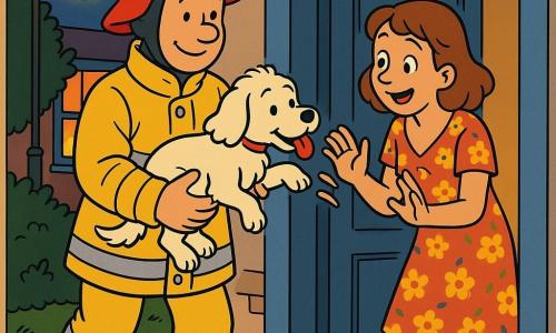 Ein lächelnder, beruhigender Feuerwehrmann mit glänzend rotem Helm, gelber reflektierender Jacke und schwarzen Stiefeln trägt sanft einen kleinen weißen, flauschigen Hund und geht auf eine blau gestrichene Haustür zu; eine etwa 30‑jährige Frau in einem geblümten Kleid steht überrascht und froh im Türrahmen mit erhobenen Händen, der Hund mit hängenden Ohren wedelt und leckt ihre Hand, draußen in einem Vorstadtabend mit gepflastertem Gehweg, warmem Licht einer gelben Straßenlaterne, grünen Büschen und einem innen beleuchteten Fenster mit roten Vorhängen — die Szene zeigt, wie der Feuerwehrmann den verlorenen Hund zurückbringt: zärtlicher, fröhlicher Moment, freundliche Mimik, warme Farben und einfache, runde Formen für Kleinkinder.