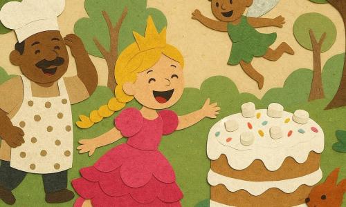 Prinzessin Lilly (jung) lacht strahlend in einem pinken Volantkleid und funkelnder Krone, Zopfblond, sie rennt mit ausgestreckten Armen auf einen riesigen, weiß glasierten Kuchen zu; Meister Bäcker Brummel (Mann, ~50) kräftig, gepunktete Schürze, runde Schnurrbart, hält seine Mütze und folgt lachend links vom Kuchen; ein schelmischer kleiner Elf mit schimmernden Flügeln und grünem Kleid springt mit Pirouetten auf den Kuchen vor der Prinzessin; ein rostrotes Eichhörnchen knabbert an einem Crumblestück auf einer Wurzel rechts; Ort: Lichtung im verwunschenen Wald mit grüner Wiese, übergroßen bunten Blumen, verdrehten Bäumen mit Notenblattblättern, sanftem Licht und goldenen Glitzersprenkeln; Stimmung fröhlich, tanzende Elfen, fröhliche Farben, Papiercollage-Optik mit sichtbaren Kanten und einfachen Schatten.