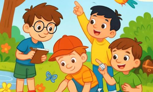 Es gibt 4 Kinder: - Max: ein 10-jähriger Junge mit zerzausten braunen Haaren und runden Brillen. Er trägt ein blaues T-Shirt und grüne Shorts und hält ein kleines Notizbuch in den Händen, bereit, Notizen zu machen. - Ben: ein 9-jähriger Junge mit blonden Haaren und Sommersprossen. Er trägt eine rote Mütze und ein gestreiftes T-Shirt und hockt sich, um aufmerksam den Boden zu beobachten. - Leo: ein 8-jähriger Junge mit schwarzen Haaren und funkelnden Augen. Er trägt einen leuchtend gelben Pullover und eine Jeans und zeigt mit dem Finger auf einen bunten Vogel, der um sie herumfliegt. - Tim: ein 9-jähriger Junge mit braunen Haaren und einem breiten Lächeln. Er trägt ein grünes T-Shirt und Jeansshorts und hält einen hübschen, glänzenden Stein in der Hand, während er seine Freunde aufgeregt ansieht. Der Ort ist ein sonniger Garten voller bunter Blumen, großer Bäume mit grünen Blättern und einem funkelnden kleinen Teich. Schmetterlinge fliegen um die Blumen, und ein buschiger Strauch verbirgt einen kleinen Schatz. Die Hauptsituation zeigt die vier Kinder bei einer Untersuchung, wie sie sich über den Boden beugen, um geheimnisvolle Spuren zu untersuchen, während ein bunter Vogel über ihnen fliegt und ihrer Abenteuer eine magische Note verleiht.