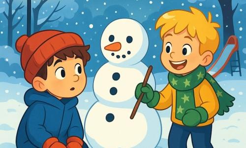 Hay 2 personajes principales: Mateo, un niño de 7 años con cabello castaño desordenado, que lleva un gran abrigo azul y un gorro rojo que le cubre las orejas. Está sentado en la nieve, con las manos sobre las rodillas y una expresión de curiosidad en el rostro. Lucas, un niño de 7 años con cabello rubio y ojos brillantes, viste una bufanda con estrellas y guantes verdes. Está de pie junto a Mateo, sosteniendo un palo en una mano, listo para dibujar en la nieve, con una gran sonrisa. El lugar es un parque invernal, donde la nieve cubre el suelo como una suave alfombra blanca. Árboles con ramas cargadas de nieve rodean el área, y un tobogán brillante se encuentra al fondo, rodeado de copos de nieve que caen suavemente. Las farolas iluminan la escena con una luz dorada, creando un ambiente cálido a pesar del frío. La situación principal muestra a Mateo y Lucas construyendo un muñeco de nieve, riendo y divirtiéndose juntos. Mateo observa atentamente a Lucas, quien dibuja formas en la nieve, mientras el muñeco de nieve, con una zanahoria como nariz y botones de carbón, toma forma a su lado.