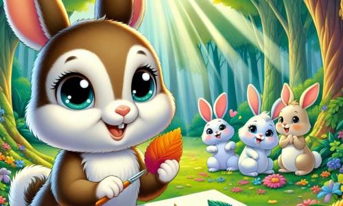 Ein kleiner Hase mit großen Ohren und weichem, braunem Fell, dessen Augen vor Neugier funkeln, lächelt fröhlich, während er bunte Blätter in seinen Vorderpfoten hält. Er befindet sich in der Mitte des Bildes, umgeben von seinen Freunden. Rechts von ihm schaut ein anderer Hase mit weißem Fell und blauen Augen mit Staunen auf ein aus Blättern gestaltetes Bild, seine Miene ist voller Überraschung und Bewunderung. Links von ihm lacht ein kleines, schwarz-braun geschecktes Weibchen fröhlich, während es ein gerade ausgeschnittenes Blatt hält. Die Szenerie ist ein prächtiger, grüner Wald mit majestätischen Bäumen und Sonnenstrahlen, die durch das Blätterdach filtern und einen Teppich aus bunten Blumen und gefallenen Blättern erleuchten. Die Szene zeigt einen Moment des Teilens und der Kreativität, in dem die Hasen Spaß daran haben, Kunstwerke aus Blättern zu schaffen, und verdeutlicht die Bedeutung von Freundschaft und die Akzeptanz von Unterschieden.