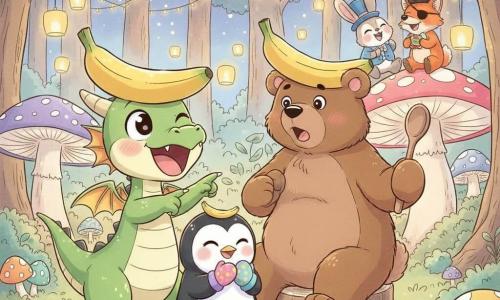 Il protagonista è un piccolo drago verde di nome Lino, gioioso con squame brillanti, piccole ali, grandi occhi e un cappello a banana che ride indicando; accanto Pippa, una piccola pinguina bianca e nera sorridente e vivace con muffole colorate che applaude; un grosso orso chef bruno, sorpreso e contento, porta il cappello a banana caduto e tiene un cucchiaio di legno seduto su un tronco vicino; un coniglio col cilindro e una volpe pirata ridono insieme sullo sfondo su funghi luminosi; la scena è una radura magica al crepuscolo con alberi dalle foglie pastello, ghirlande luminose, funghi colorati, lanterne di carta fluttuanti e terreno coperto di morbida muschio; situazione: una festa delle risate con tutti gli animali che indossano cappelli bizzarri, ridono sotto le luci in un'atmosfera calma e rassicurante, pronti ad addormentarsi.