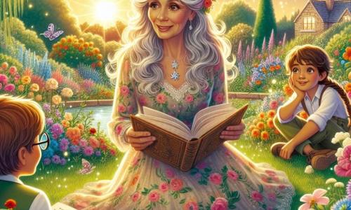 La scena si svolge in un giardino colorato, illuminato dalla luce dorata del sole al tramonto. Al centro c'è Bianca, una donna di cinquant'anni con capelli argentati e occhi dolci, che sorride calorosamente. Indossa un vestito leggero a fiori e è circondata da fiori vivaci e alberi verdi. Bianca tiene un libro aperto, condividendo una storia con passione, il suo volto radioso di emozione e saggezza. Accanto a lei, Marco, un ragazzo di undici anni con capelli castani e occhiali rotondi, ascolta attentamente, pronto a disegnare ciò che sente. Sofia, una ragazza di dieci anni con trecce e un sorriso radioso, si trova un po' in disparte, con una ghirlanda di fiori che ha fatto per decorare il giardino. Il giardino è pieno di fiori colorati, farfalle e una piccola fontana che scintilla al sole. Le risate dei bambini riempiono l'aria, creando un'atmosfera gioiosa e pacifica. Bianca racconta una storia ispiratrice ai bambini, insegnando il potere della pace e della resilienza, mentre si riuniscono attorno a lei, affascinati dalle sue parole e dall'atmosfera magica del giardino.