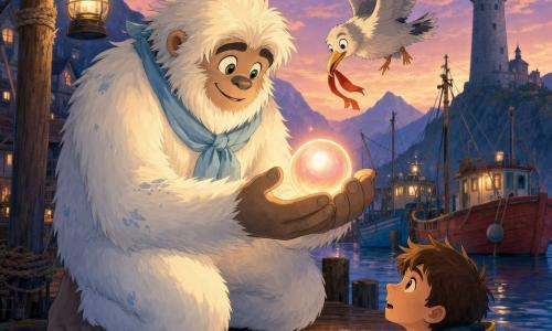 Uno yeti dalla pelliccia crema e occhi grandi e dolci, in postura attenta e sorridente, è inginocchiato sul bordo di un molo di legno e tiene delicatamente una grande perla luminosa che emette un bagliore caldo rosa-arancio; ha mani e piedi larghi e pelosi, un foulard celeste e qualche macchia di sale sul pelo. Sopra di lui vola un vecchio gabbiano grigio dalle piume arruffate che tiene un piccolo nastro rosso nel becco. Un ragazzo pescatore di circa 12 anni, capelli castani corti e giacca impermeabile gialla, è in basso a destra sul molo con le mani sul bordo, volto meravigliato e sguardo verso la perla. Scena: piccolo porto in legno al crepuscolo con foschia leggera, montagne blu sullo sfondo, barche colorate ormeggiate, lanterne sospese e un faro di pietra in lontananza; la perla tirata dall'acqua illumina le assi bagnate con riflessi dorati creando un'atmosfera calda e magica. Palette: toni pastello morbidi, contrasto caldo sulla perla, linee nette e forme semplici, texture piatte ed illuminazione al tramonto.