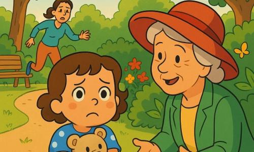 Niña de 4 años, confusa y algo preocupada, rostro sonrojado, ojos grandes y brillantes, cejas fruncidas, pelo castaño rizado a la altura de la mandíbula, vestido azul con lunares blancos, abrazando un osito de peluche beige; al fondo la madre (unos 30 años) corre por un sendero entre los árboles llamando a la niña con semblante preocupado pero cariñoso; una mujer mayor (unos 60 años) con gran sombrero rojo y chaqueta verde se arrodilla y le tiende la mano sonriendo con gesto reconfortante; lugar: parque luminoso con césped, bancos de madera, macizos de flores rojas y amarillas, árboles y un gran arbusto donde la niña siguió una mariposa; situación: la niña perdida aprieta su osito, la mujer del sombrero rojo le habla y le ofrece la mano mientras la madre llega corriendo al fondo con luz suave de tarde.