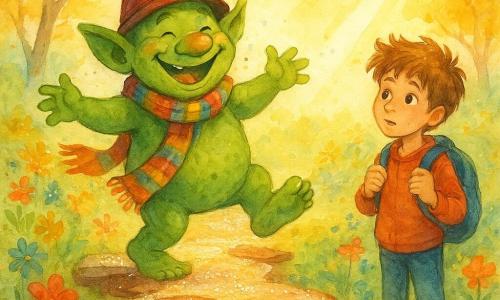 Un trol vesel cu pielea verde și un zâmbet larg, purtând o pălărie ascuțită și un fular colorat, dansează pe un drum de zahăr sclipitor. Lângă el, un băiat de 10 ani cu părul ciufulit și ochi curioși, ține un rucsac și privește trolul cu uimire. Se află într-un parc magic unde copacii cu frunze aurii șoptesc și florile multicolore dansează ușor. Scena principală îi arată pe trol și pe băiat traversând un pod făcut din biscuiți de ciocolată, luminat de razele de soare aurii care se strecoară printre norii de zahăr.
