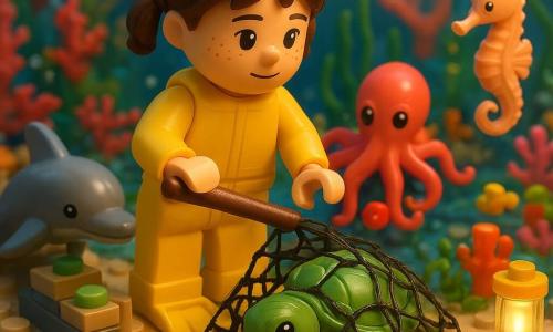 A brave 6-year-old girl, Maya, round-faced with freckles and short chestnut hair in two small braids, wearing a yellow wetsuit and boots, uses a wooden spoon to cut a dark plastic net and free a sweet-eyed juvenile LEGO sea turtle partially entangled in the foreground; a curious octopus with coral and purple tentacles holds a small shiny red button behind her, a playful LEGO dolphin nudges a sorted pile of debris with its nose to the left, and a delicate peach seahorse floats to the right wagging its tail in encouragement; lush coral garden of pink, orange and blue formations, swaying green seaweed, small glowing yellow and turquoise fish and rising bubbles; soft golden light from a found glass lamp illuminates Maya and creates sparkling reflections; action moment of rescue, warm colorful atmosphere, rich textures (bricks, bubbles, seaweed), realistic LEGO diorama style, vivid colors, centered composition, medium framing, slightly low angle for an immersive underwater feel.