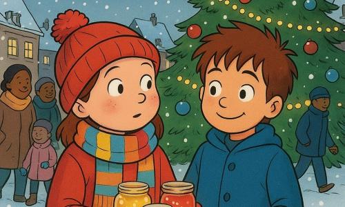 A 6-year-old girl named Mila, with a curious face and cheeks rosy from the cold, wears a red pom-pom hat and a colorful scarf. She holds three small glass jars glowing from within, each a different color: gold, red, and silver. Beside her is Theo, a 6-year-old boy with tousled hair and a warm smile, wearing a blue coat. They stand together near a large Christmas tree decorated with string lights and colorful ornaments, in a snowy village square. Around them, smiling passersby bundled in winter coats engage in festive activities. The scene is bathed in a soft, warm light, with snowflakes gently falling from the sky.