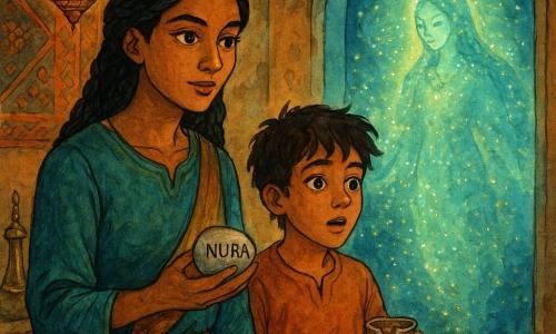 Protagonista este Amina, povestitoare cu păr negru împletit, față ovală și ochi strălucitori, hotărâtă și blândă, care ține delicat o piatră mică gravată cu numele NURA și privește o ușă de aer sclipitoare; lângă ea stă Samir, băiat de circa 12 ani, cu păr ciufulit și piele bronzată, surprins și recunoscător, ținând o cană de ceai spartă; dincolo de ușa de aer, în interiorul unei lămpi suspendate, plutește Nura, o siluetă luminoasă eterică din particule aurii și bleu‑verzui, binevoitoare; decor: atelier de gravură într‑un bazar oriental cu ziduri ocru, covoare brodate, unelte din alamă pe o masă de lemn, lămpi cu ulei și o fereastră spre dune și minaret; situație: Amina activează o ușă invizibilă de aer care sclipeste ca sticlă sfărâmată, lampa lui Nura răspândește scântei aurii, noapte caldă, paletă ocru, albastru intens și verde mentă, texturi de lemn uzat, metal lustruit și țesături brodate.