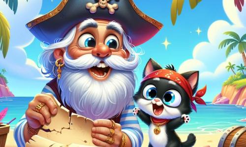 Um velho pirata, o Capitão Barba Branca, um homem de barba branca e desgrenhada, usa um chapéu largo adornado com uma pena colorida. Ele tem um sorriso travesso e olhos brilhantes de excitação, segurando um velho pergaminho nas mãos. Ao seu lado, um pequeno gato preto chamado Tico, com um bandana vermelha ao redor do pescoço, faz caretas e dança alegremente na areia. A cena se passa em uma ilha tropical, com coqueiros verdes, rochas coloridas e um mar turquesa cintilante ao fundo. O céu é azul com algumas nuvens brancas fofas. O pirata e seu gato descobrem um antigo tesouro escondido, cercado por moedas de ouro brilhantes e joias cintilantes, enquanto riem e celebram sua amizade.