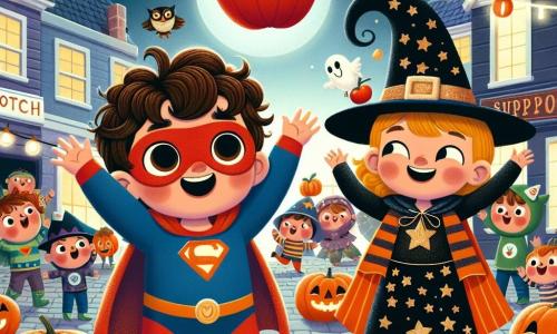 A 4-year-old boy with big brown eyes and curly hair is wearing a red and blue superhero costume. He has a big smile on his face, showing his joy and wonder as he holds a floating apple in his hands. Next to him, a 4-year-old girl with yellow pigtails and a sparkling witch hat jumps for joy, encouraging him. She wears a black dress with golden stars and has an excited sparkle in her eyes. The scene takes place in a lively square in the village of Pumpkinville, decorated with smiling pumpkins, fairy lights, and little paper ghosts hanging from the trees. Costumed children play around them, creating a festive and joyful atmosphere under a starry sky. The boy and girl are participating in a bobbing for apples game, surrounded by laughter and cheers, while a wise owl dressed as a ghost watches them with an amused smile from a nearby tree.