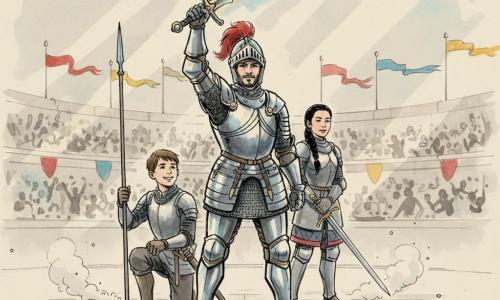 A male knight, Sir Alaric, face partly revealed by a raised helm, proud serene expression, gleaming bluish armor, raising the legendary sword Seraphis overhead in a triumphant stance; a 14-year-old squire boy, Edwin, short chestnut hair, admiring smile, holding the knight’s lance and kneeling on one knee to Sir Alaric’s left; a female knight, Lady Elara, adult with braided black hair and calm respectful face, holding her sword lowered in salute to Sir Alaric’s right and slightly behind; a vast arena with pale stone floor, crowded stylized stands, red-gold-blue pennants, sunbeams streaking through dust; central victory scene with a dynamic triangular composition, strong black ink contrasts and soft gray washes, limited color accents on the sword and pennants, solemn yet warm atmosphere.