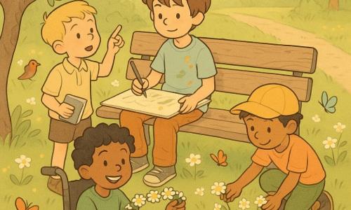 Four friends in a small spring park: a 9-year-old boy with messy brown hair and a paint-stained light blue T-shirt sits in the middle of a weathered wooden bench under a white-blossomed pear tree, drawing on a large sheet of paper across his knees; an 8-year-old blond boy stands to the left with a small notebook, pointing at a robin on a branch; an 8-year-old boy with olive skin and a yellow hat crouches to the right, picking daisies with one hand; and a smiling 9-year-old boy in a wheelchair with curly black hair and a ladybug sticker on the wheel sits slightly in front of the bench holding an almost-finished flower crown. Green grass dotted with daisies and buttercups, a light dirt path behind the bench, colorful butterflies, a small reflective puddle near the bench, wet petals, colored pencils, and the golden sun with dewdrop-like beads on the leaves create a tender, joyful atmosphere as they make flower crowns and draw.