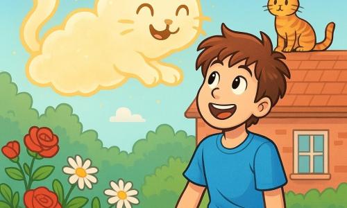 A 12-year-old boy named Toby is sitting on a garden wall, with messy brown hair and a big, amazed smile on his face. He wears a bright blue t-shirt and denim shorts, his eyes shining with excitement as he listens to a cloud floating above him. The soft, fluffy cloud is playfully shaped like a stretching cat, with golden light dancing on its surface. It seems friendly and curious, leaning slightly towards Toby as if sharing a secret. The garden is filled with colorful flowers, with red roses and white daisies gently swaying in the wind. In the background, a red brick house exudes warmth, and a clear blue sky stretches above, dotted with a few fluffy clouds. The main scene shows Toby joyfully chatting with the cloud, sharing laughter and funny stories, while a tabby cat sitting on the roof of the house watches them with an amused expression.